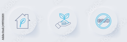 Set line No GMO, Plant in hand and Eco friendly house icon. Vector