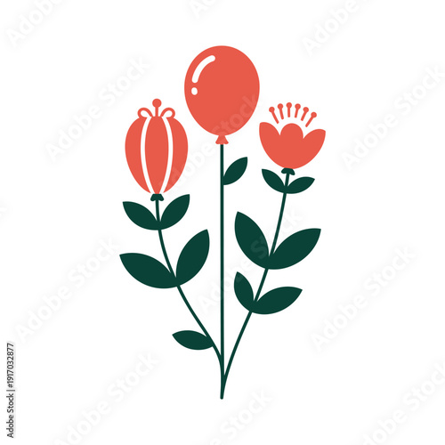 A colorful illustration of flowers and a balloon on a white background