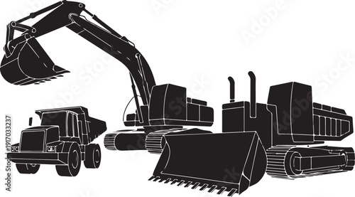 Black and white construction equipment machinery excavator