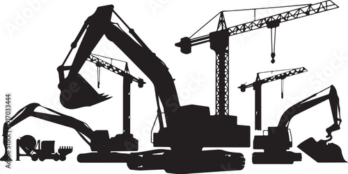 Black and white construction equipment silhouettes