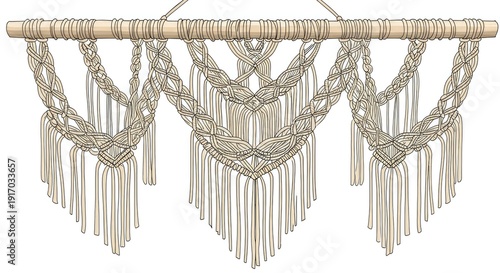 A macrame wall hanging with a cylindrical rod and multiple layered knots and tassels