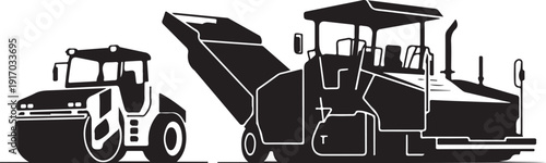 Black and white construction machinery road rollers and paver