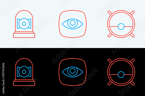 Set line Robot vacuum cleaner, Ringing alarm bell and Security camera icon. Vector