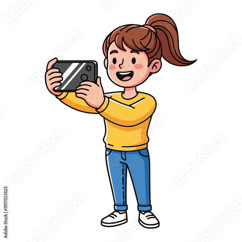 Young girl taking a selfie with a smartphone, happy expression, casual clothing, vector illustration.