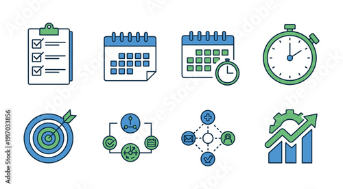 Collection of business and project management icons with a clean flat design style Keywords: checklist clipboard task list calendar date day planner stopwatch timer target dartboard bullseye