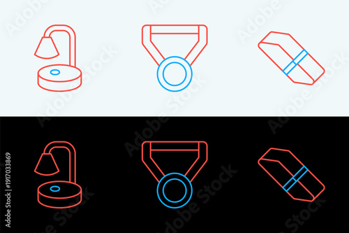 Set line Eraser or rubber, Table lamp and Medal icon. Vector