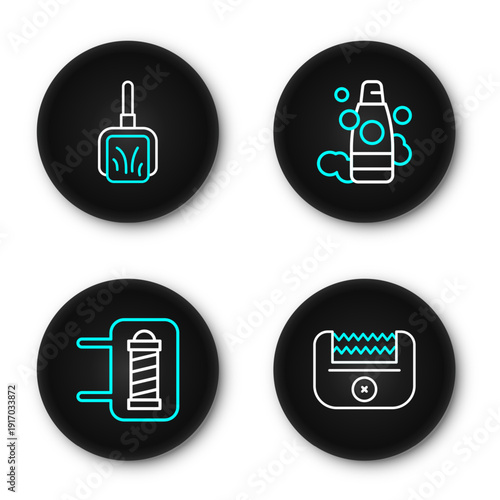 Set line Electrical hair clipper, Barber shop pole, Bottle of shampoo and Dustpan icon. Vector