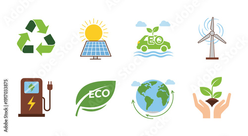 Collection of Eco- Friendly and Renewable Energy Icons recycling solar panel