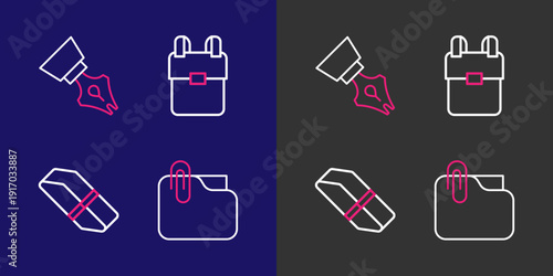 Set line Document folder with clip, Eraser or rubber, School backpack and Fountain pen nib icon. Vector