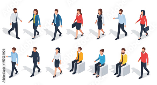 Isometric Vector Set of Walking and Sitting Business People Characters
