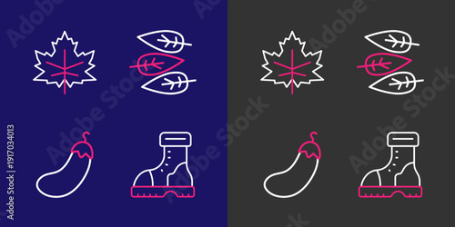 Set line Waterproof rubber boot, Eggplant, Leaf or leaves and icon. Vector