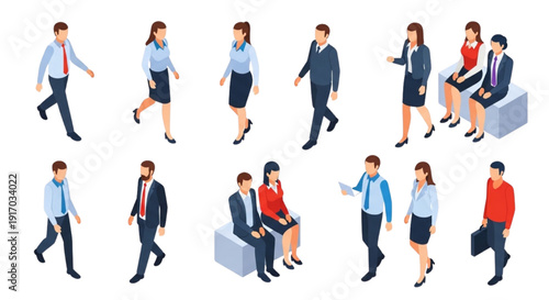 Isometric Vector Set of Walking and Sitting Business People Characters