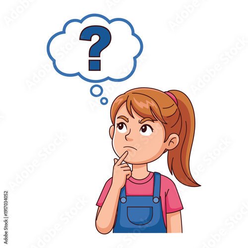 Thoughtful girl with a question mark in a speech bubble, pondering, confused, curious, vector illustration.