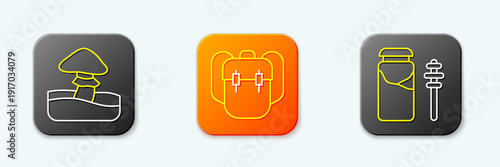 Set line Mushroom, School backpack and Jar of honey and dipper stick icon. Vector
