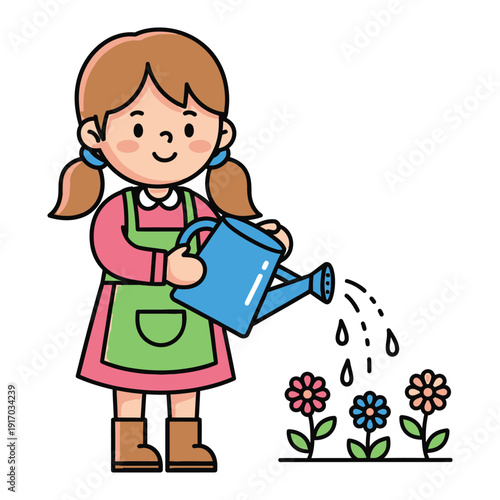 Little girl in apron watering flowers in a garden with a watering can.