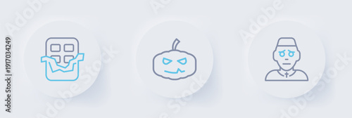 Set line Priest, Pumpkin and Chocolate bar icon. Vector
