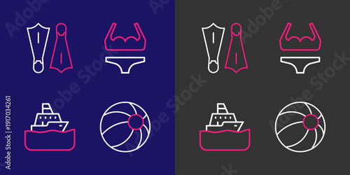 Set line Beach ball, Cruise ship, Swimsuit and Rubber flippers for swimming icon. Vector