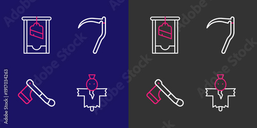 Set line Scarecrow, Wooden axe, Scythe and Guillotine icon. Vector
