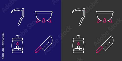 Set line Knife, Camping lantern, Halloween witch cauldron and Scythe icon. Vector