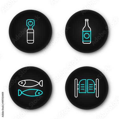 Set line Saloon door, Dried fish, Beer bottle and Bottle opener icon. Vector