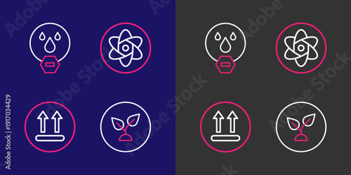 Set line Plant based, Temperature wash, Test tube and flask and Water drop forbidden icon. Vector