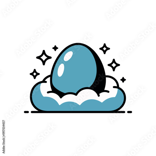 A cartoon blue egg sitting on a fluffy white cloud with sparkles