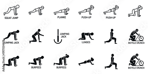 Black and white of various exercise poses workout fitness squat jump plank