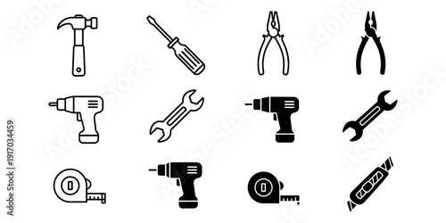 Black and white of various hand tools on white background hammer screwdriver