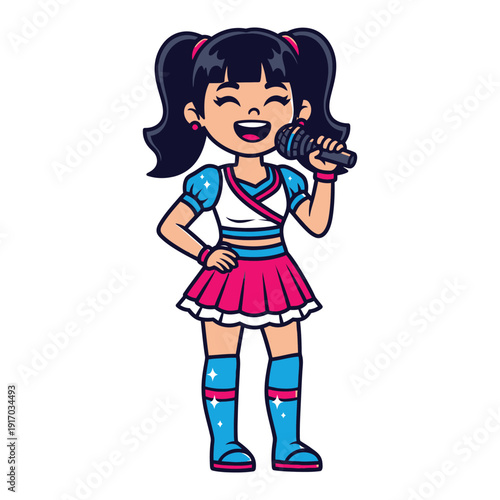 Energetic girl singing into a microphone, pop star outfit, vibrant, joyful, vector illustration.