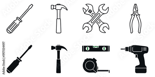 Black and white of various hand tools on white background screwdriver hammer wrench pliers drill