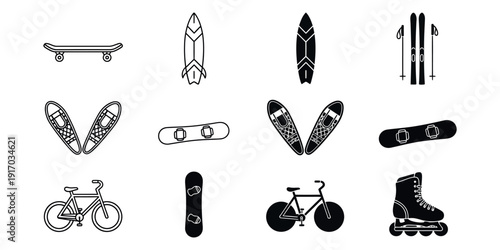 Black and white of various sports equipment skateboard surfboard snowboard canoe