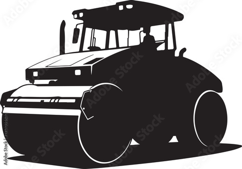 Black and white of a road roller machine construction