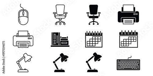 Black and white office including computer mouse chair printer calendar lamp keyboard office computer mouse
