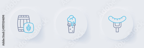 Set line Sausage on the fork, Glass of beer and Wooden barrel icon. Vector