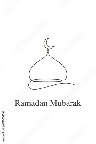 Minimalist single continuous line drawing poster of mosque dome and crescent with Ramadan Mubarak text