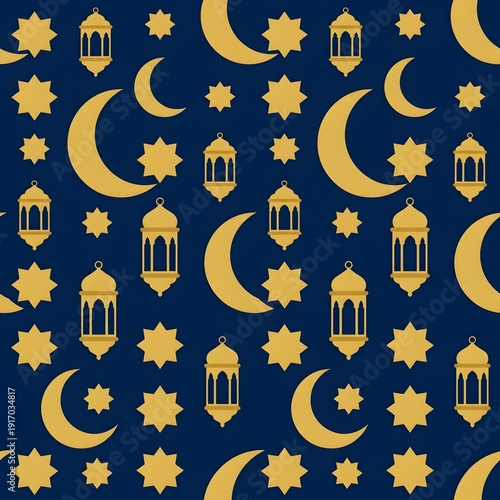 Seamless flat vector pattern background with gold crescent moons, stars, and lanterns on dark navy blue