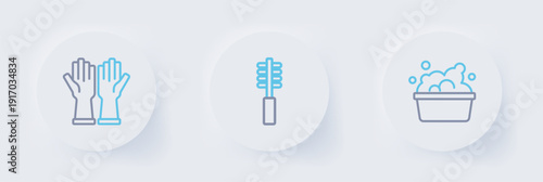 Set line Basin with soap suds, Toilet brush and Rubber gloves icon. Vector