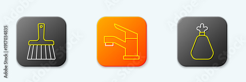 Set line Handle broom, Water tap and Garbage bag icon. Vector