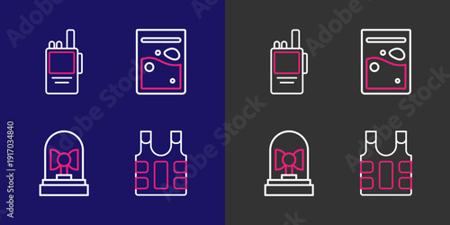 Set line Bulletproof vest, Flasher siren, Plastic bag drug and Walkie talkie icon. Vector