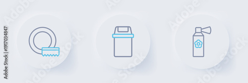 Set line Air freshener spray bottle, Trash can and Washing dishes icon. Vector