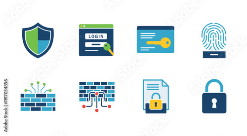Cybersecurity and access control icons including shields, logins, keys, fingerprints, and locks