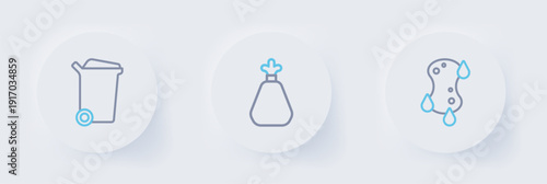 Set line Sponge, Garbage bag and Trash can icon. Vector