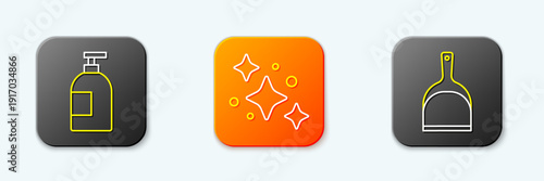 Set line Dishwashing liquid bottle, Home cleaning service and Dustpan icon. Vector