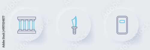 Set line Police assault shield, Military knife and Prison window icon. Vector