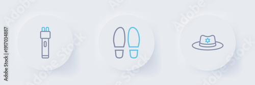 Set line Sheriff hat with badge, Footsteps and Police electric shocker icon. Vector