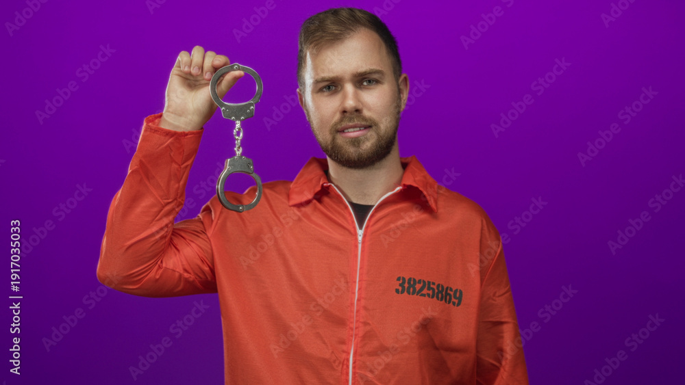 Fototapeta premium Man prisoner in orange jumpsuit holding handcuffs with raised hand in purple studio; defiance confinement.