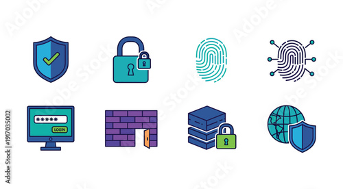 Cybersecurity and data protection icons featuring shields, locks, fingerprints, and network security