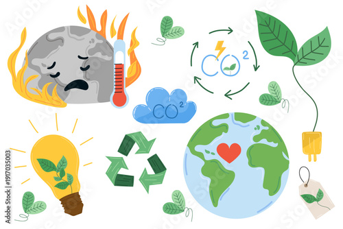 Climate change and sustainability set with burning planet with thermometer, CO2 cycle diagram, recycling symbol, renewable energy light bulb, eco leaves, green power plug, and Earth with heart. 