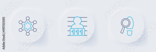 Set line Footsteps, Suspect criminal and Hexagram sheriff icon. Vector