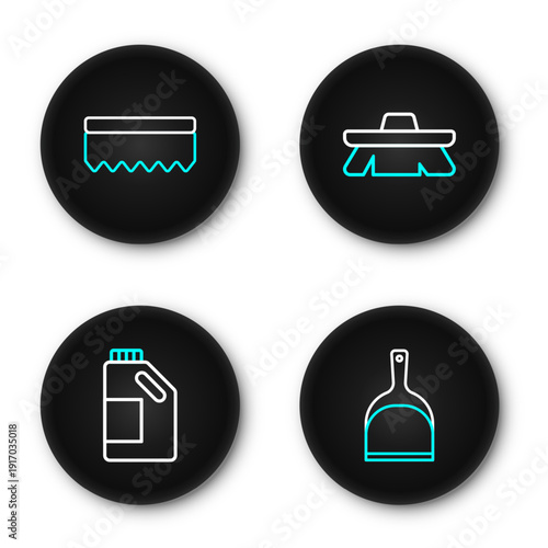 Set line Dustpan, Bottle for cleaning agent, Brush and Sponge icon. Vector